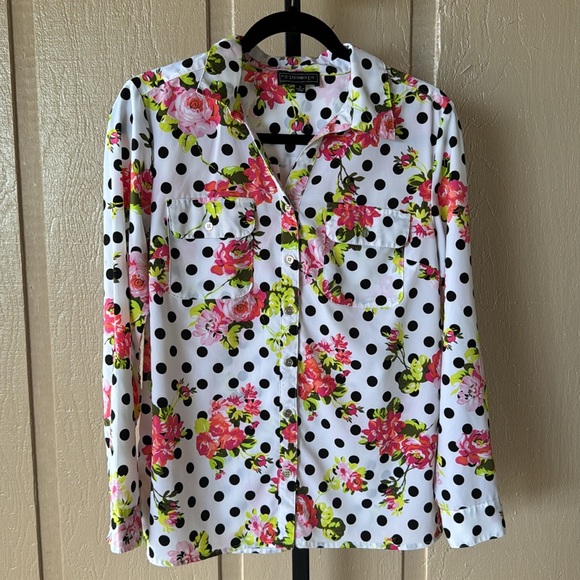 Black & White Polka Dot & Floral Print Blouse (S) - Picture 6 of 6